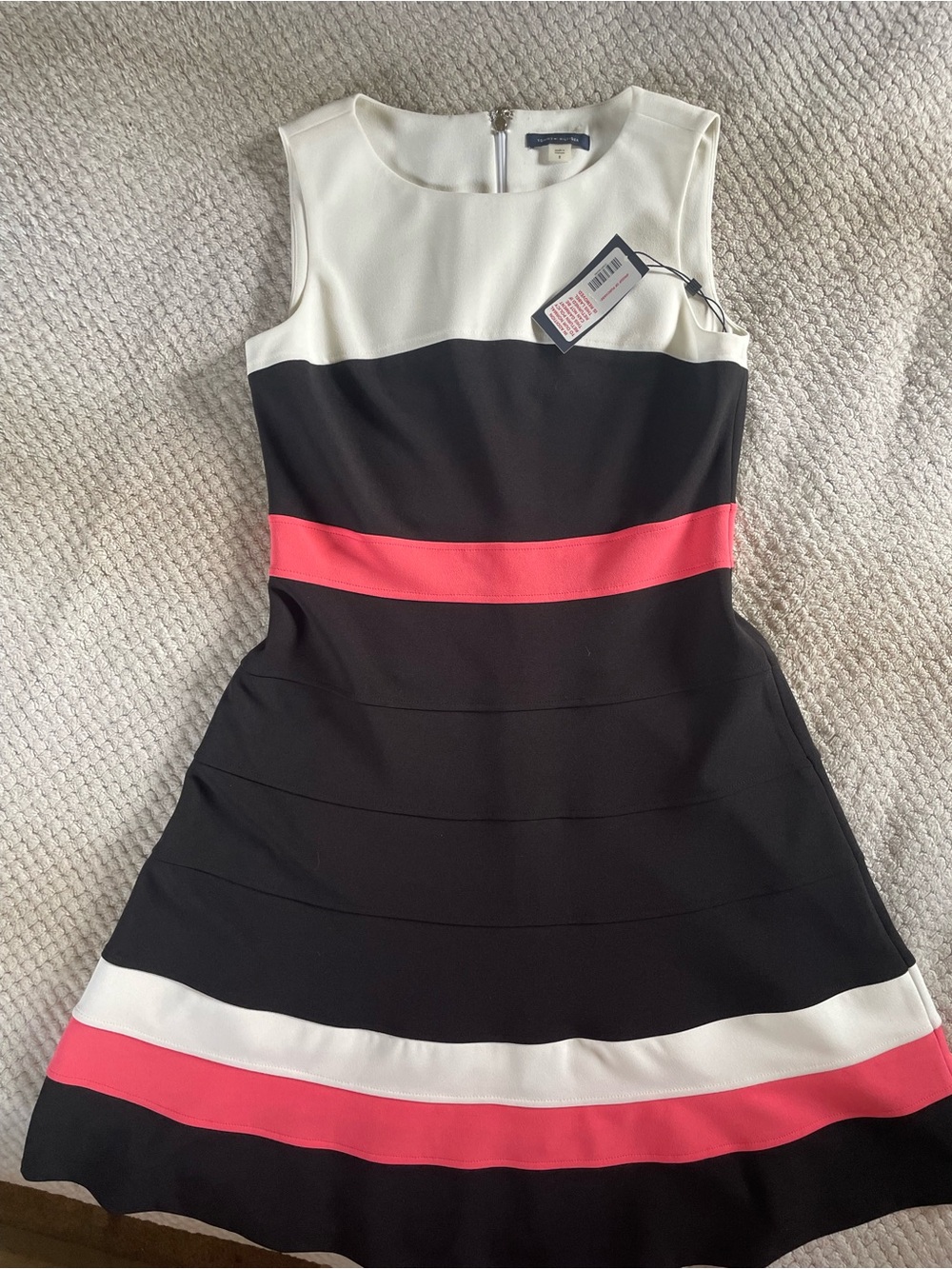 Tommy Hilfiger Black White and Coral-Striped Sleeveless Fit & Flare Dress